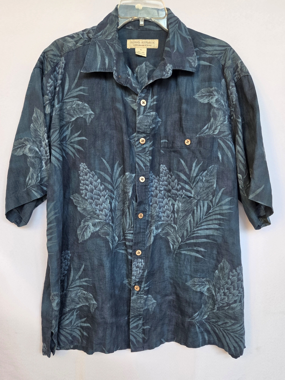 Island Republic Blue Linen Tropical Print Short-Sleeve Button-Down Shirt